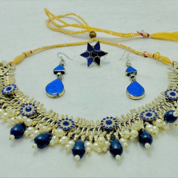 Silver Kuchi Jewelry Set With Blue Glass Stones, Vintage Boho Kuchi Handmade Tri - Picture 11 of 15